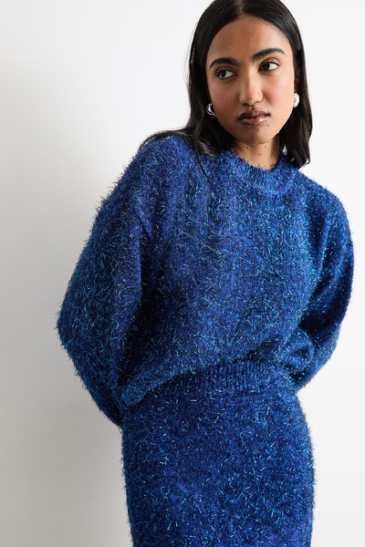 Warehouse Metallic Knitted Sweater Cobalt