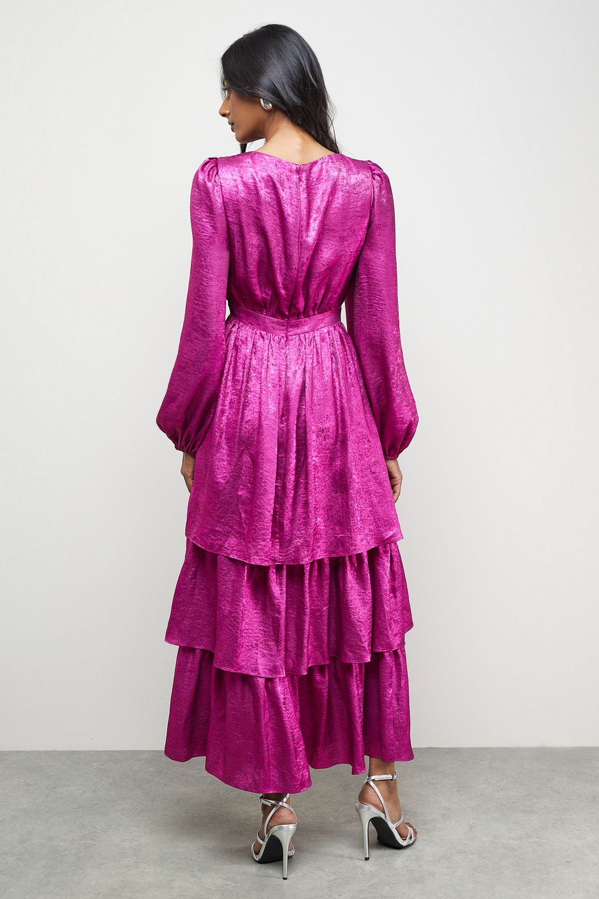 Warehouse Metallic Plunge Neck Tier Midi Dress Multi image 3