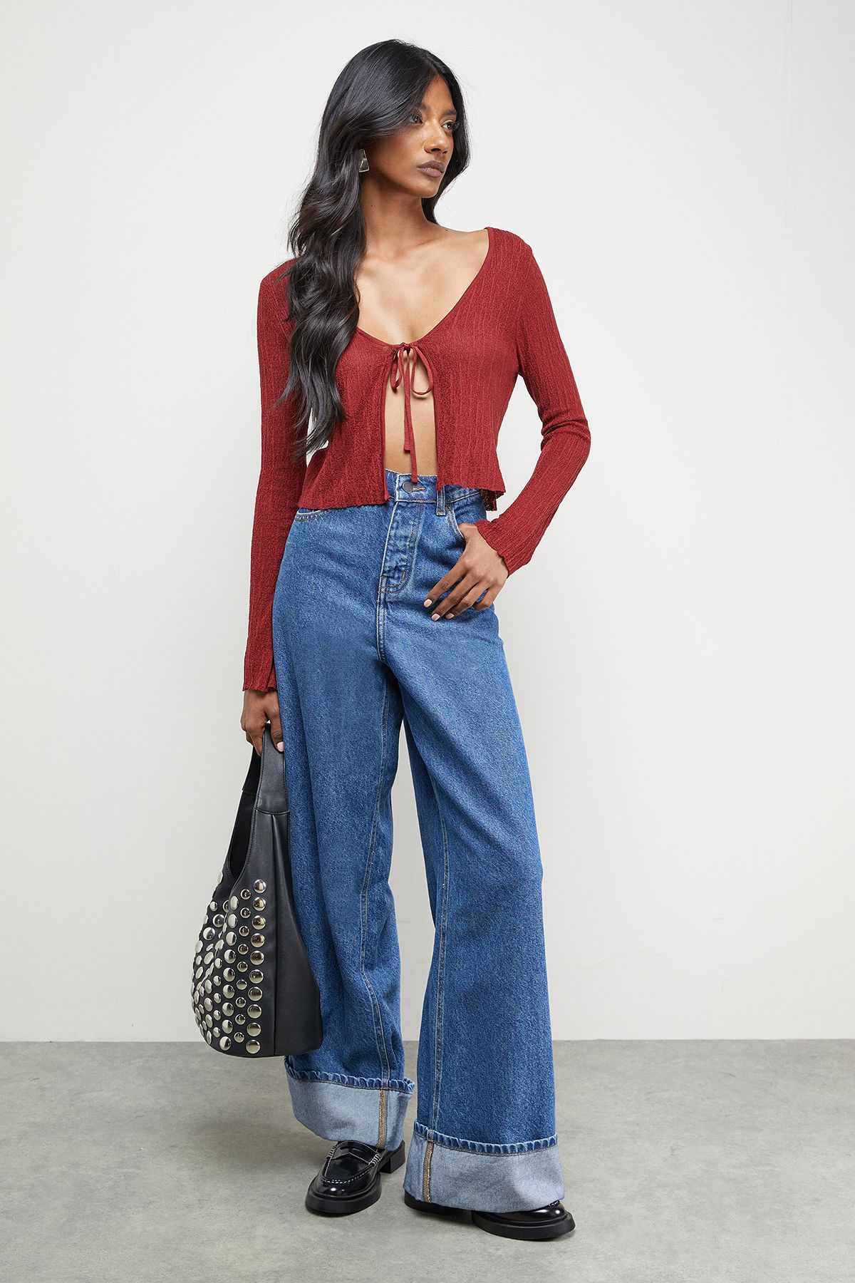 Warehouse Burgundy Crinkle Sheer Tie Detail Cardigan Burgundy image 2