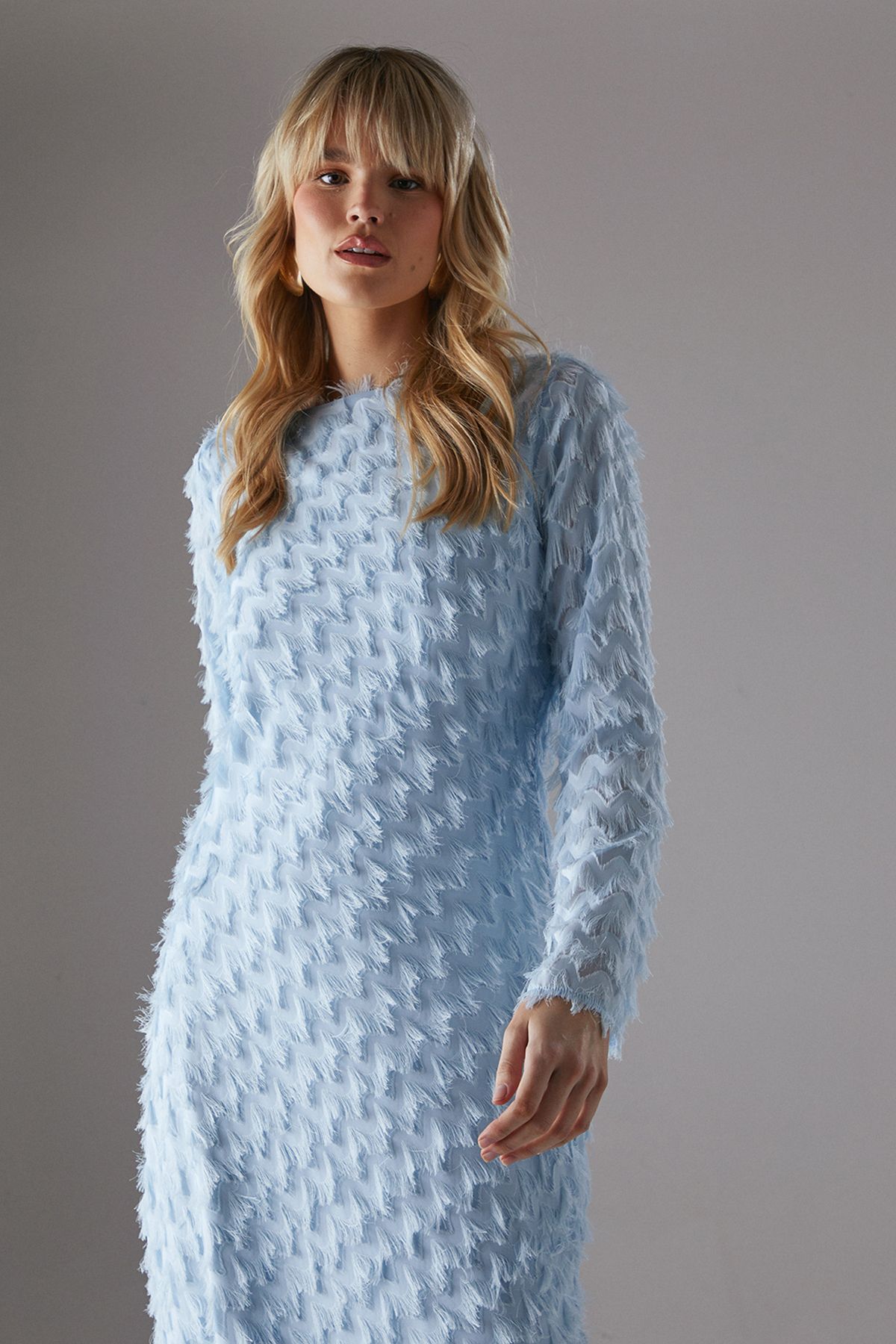 Warehouse Fluffy Slash Neck Column Midi Dress Pale Blue image 2