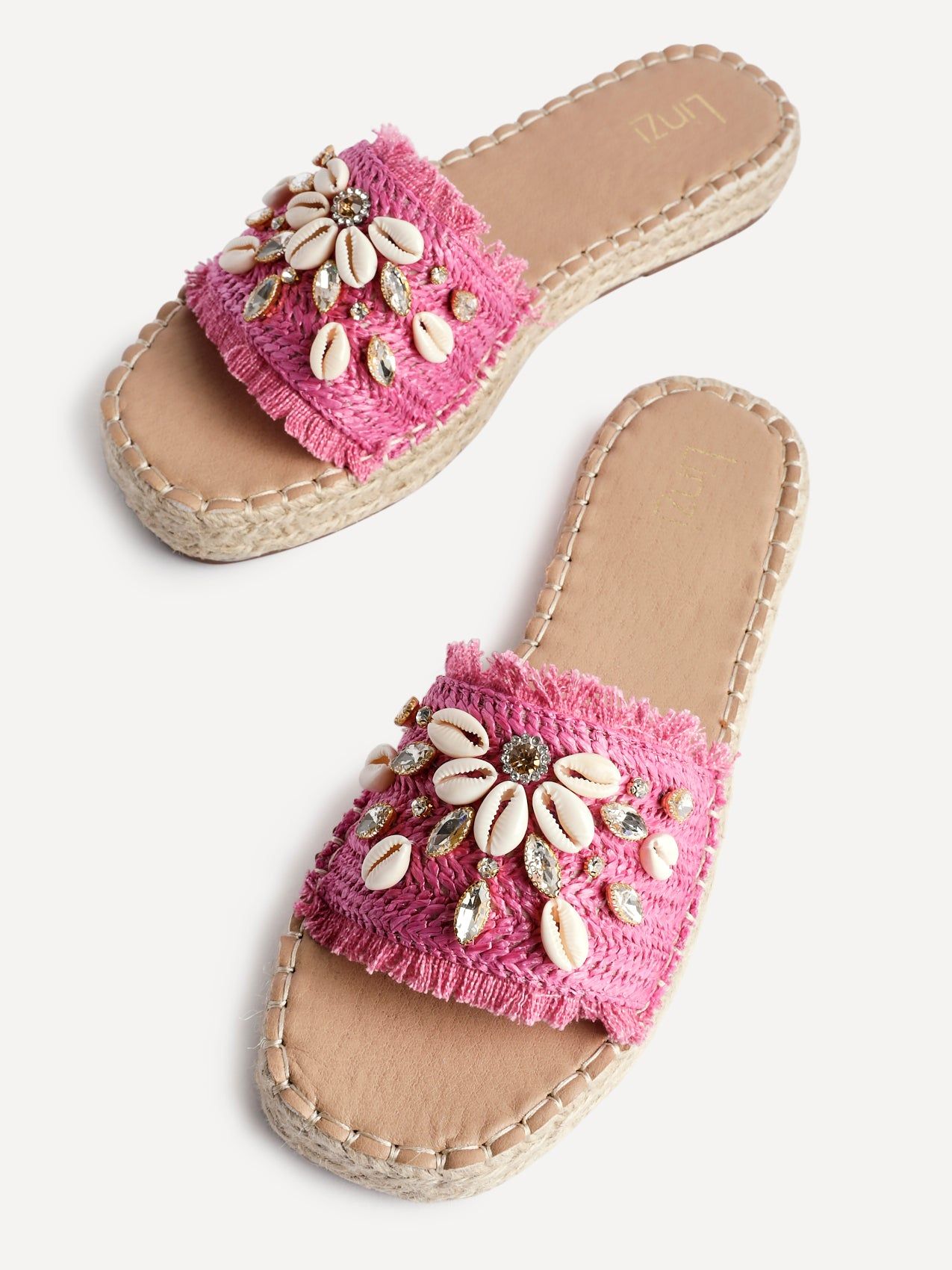 Linzi Seaside Fuchsia Raffia Shell Embellished Flat Slider image 4