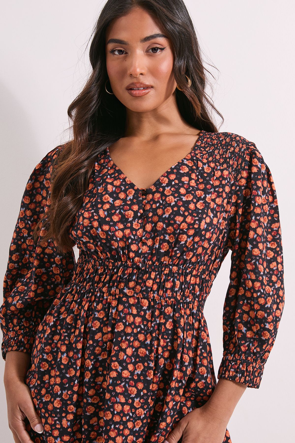 Dorothy Perkins Petite Shirred Detail Blouson Sleeve Midi Dress Orange image 4