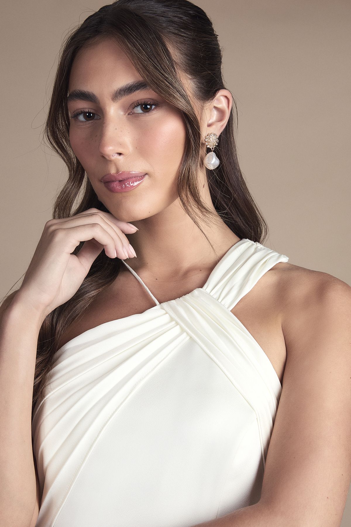 Coast Pleat Detail Halter Neck Fishtail Satin Maxi Wedding Dress Ivory image 4