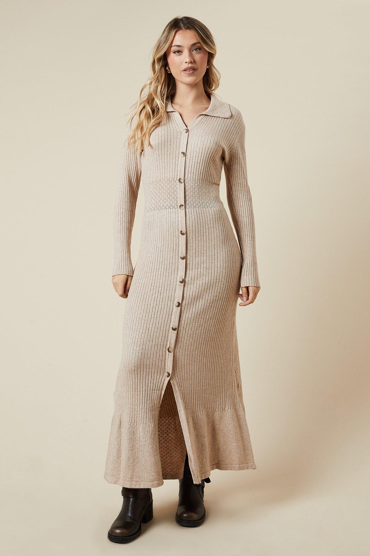 Oasis Pointelle Waist Detail Button Down Knitted Midi Dress Ecru image 1