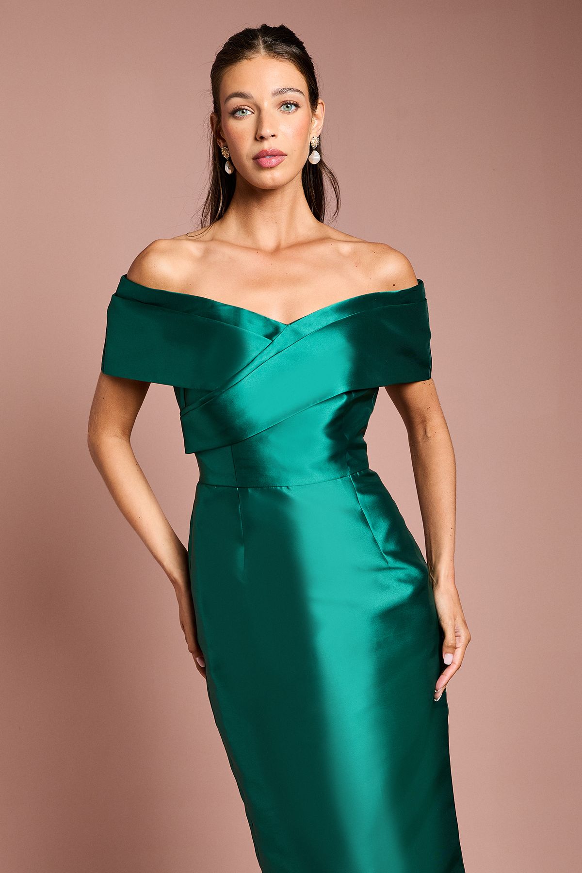 Coast Twill Bardot Pleat Detail Column Detail Maxi Bridesmaid Dress Emerald image 2