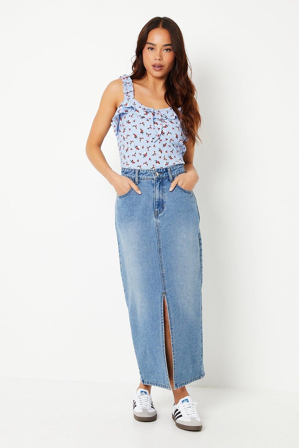 Dorothy Perkins Petite Tie Front Frill Detail Vest Jersey Top Blue image 2