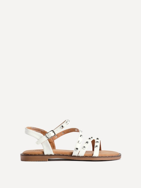 Linzi Destino White Faux Leather Studded Gladiator Style Flat Sandal