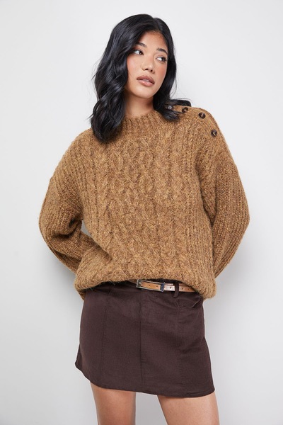 Warehouse Twist Neck Cable Jumper Light Brown