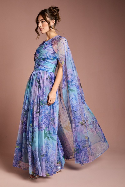Coast Pleated Mesh Printed Cape Maxi dress With Gemstone Blue