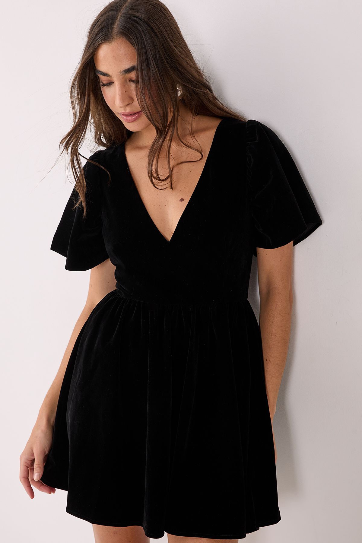 NastyGal Velvet Puff Sleeve Plunge Skater Mini Dress Black image 1
