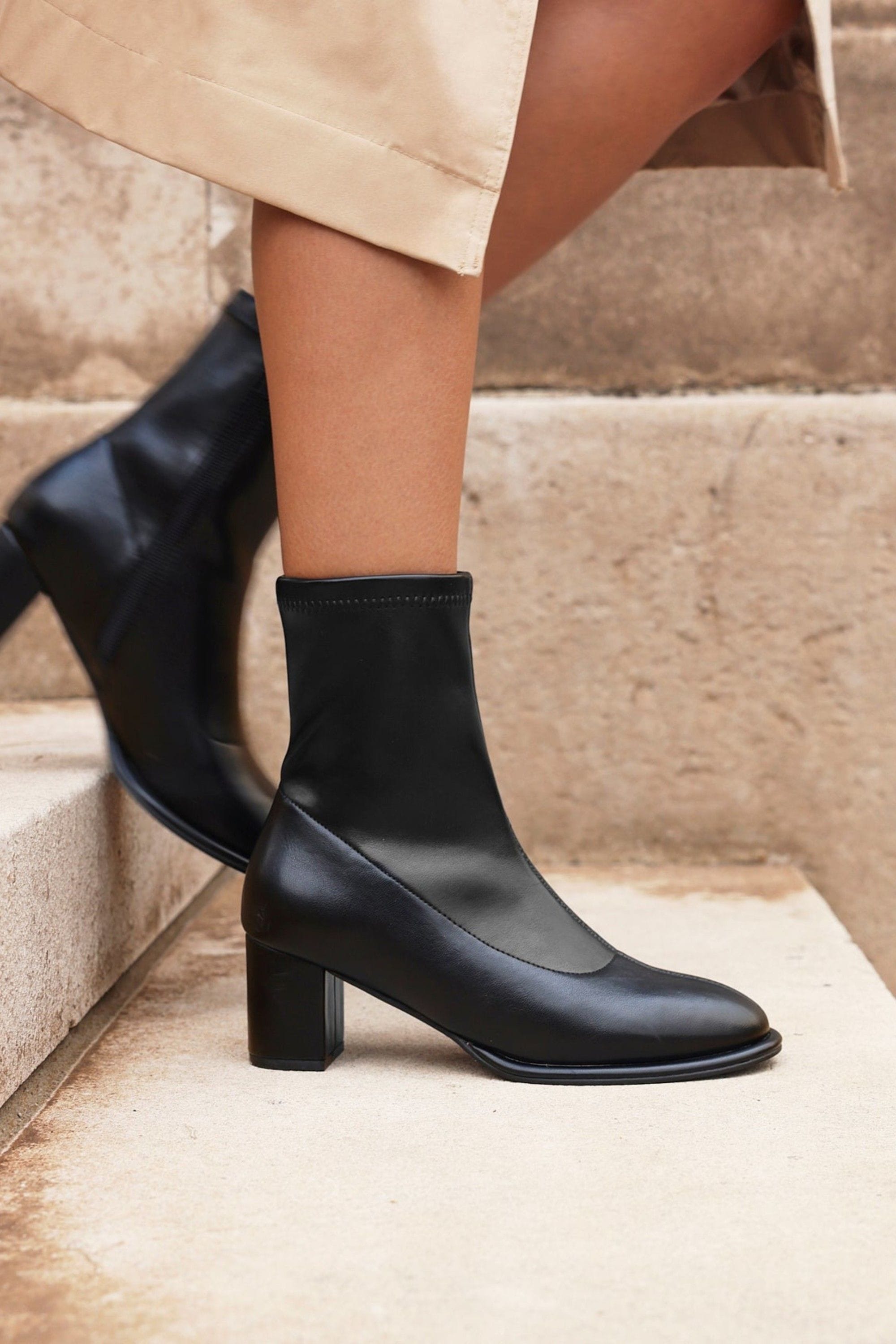 Linzi Rita Black Faux Leather Round Toe Block Heel Sock Boot image 2