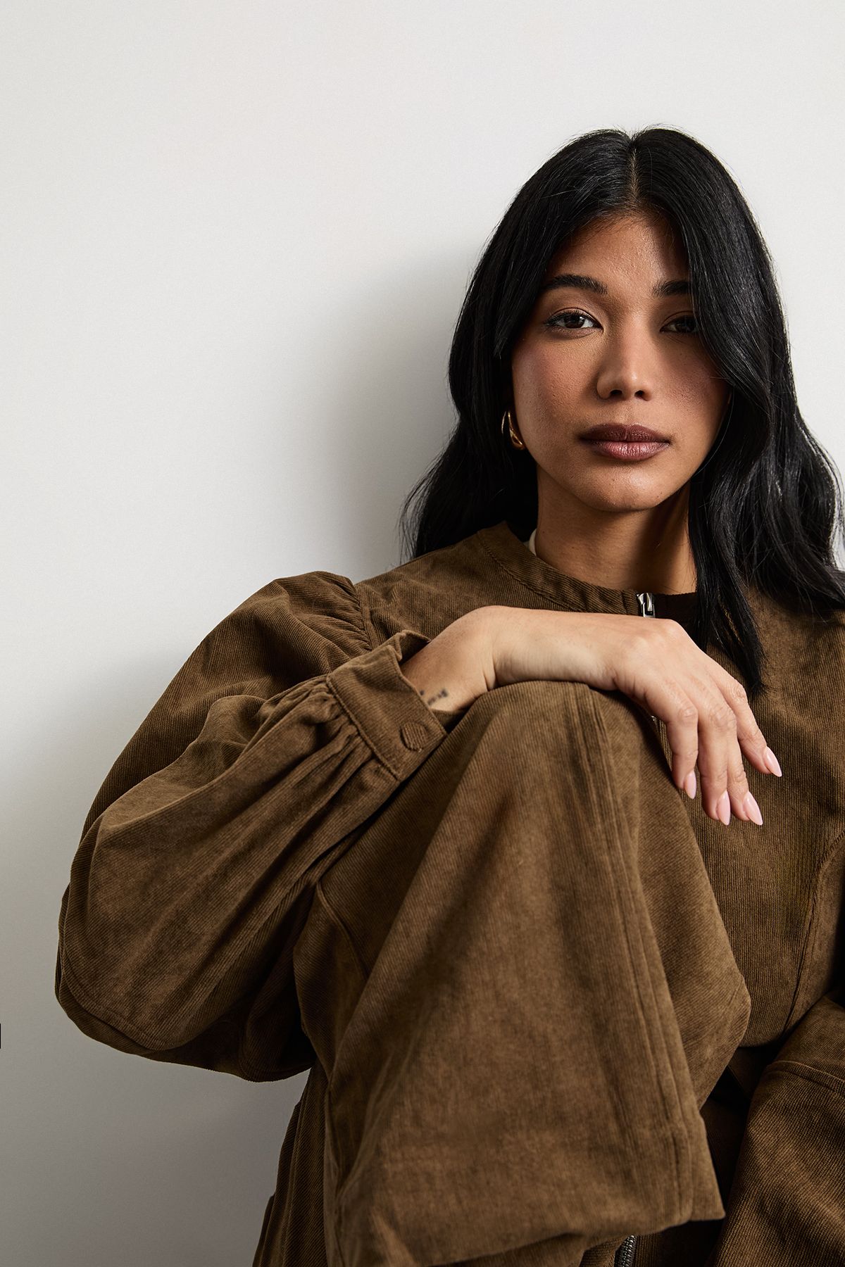 Warehouse Cord Zip Through Belted Jumpsuit Chocolate image 4