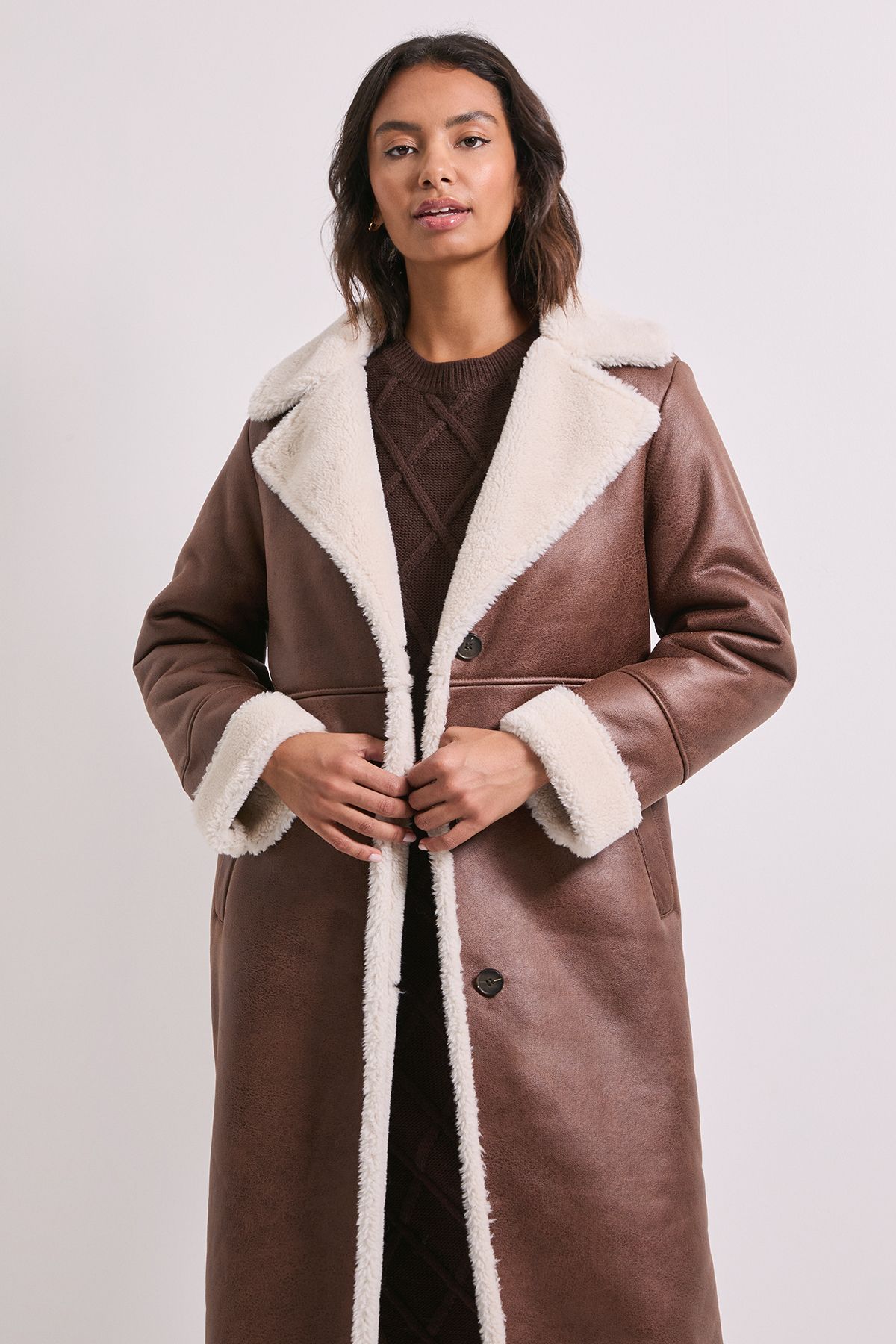 Dorothy Perkins Shearling Midi Coat Chestnut image 2