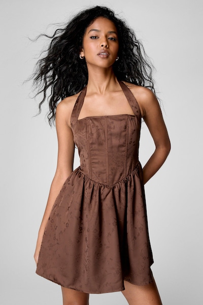 NastyGal Satin Floral Jacquard Halter Neck Boned Corset Mini Dress Chocolate