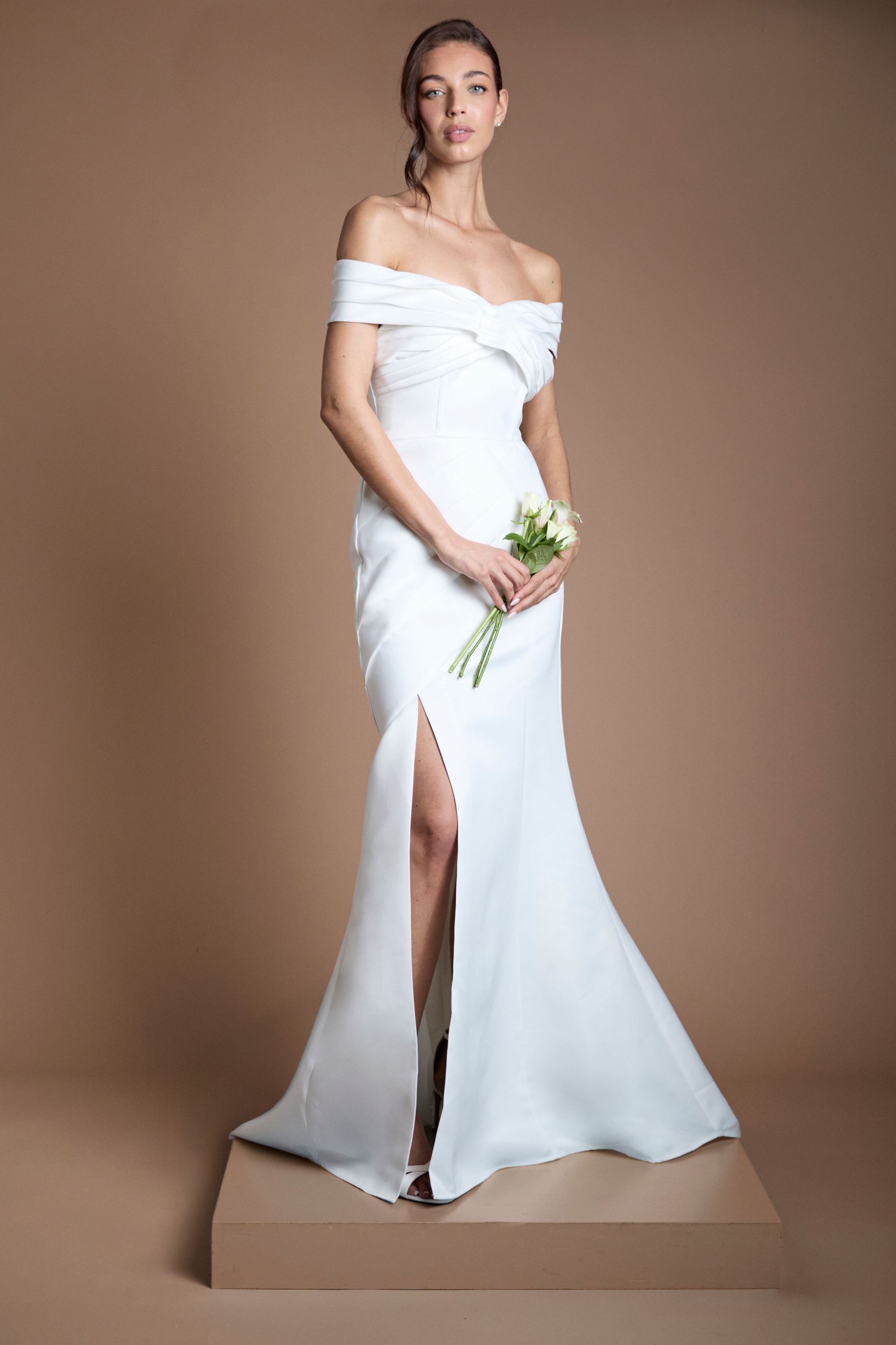 Coast Structured Matte Satin Pleated Bandeau Fishtail Wedding Dress Ivory