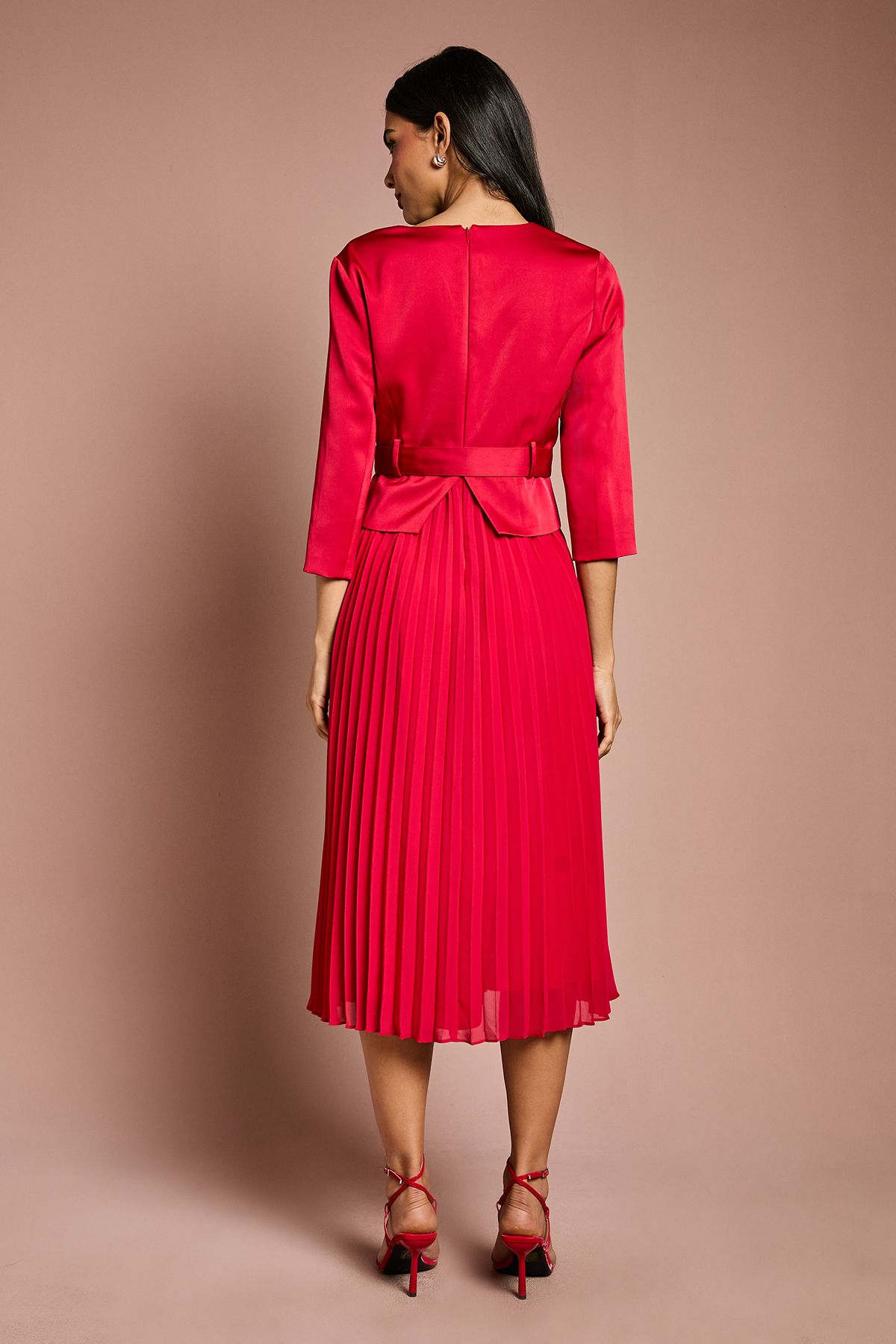 Coast Satin Bodice ¾ Sleeve Pleat Skirt Belted Midi Wedding Guest Dress Red image 3