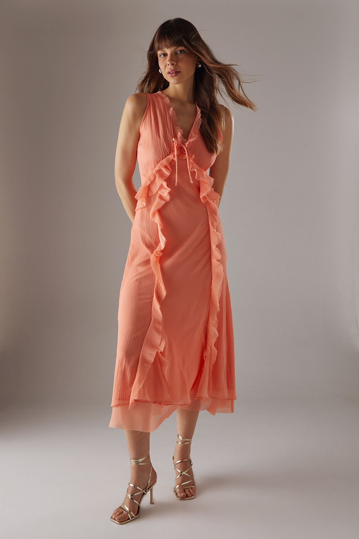 Warehouse Premium Raw Edge Ruffle Detail Slip Dress Peach image 2