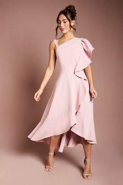Coast One Shoulder Crepe Ruffle Midi Dress Blush