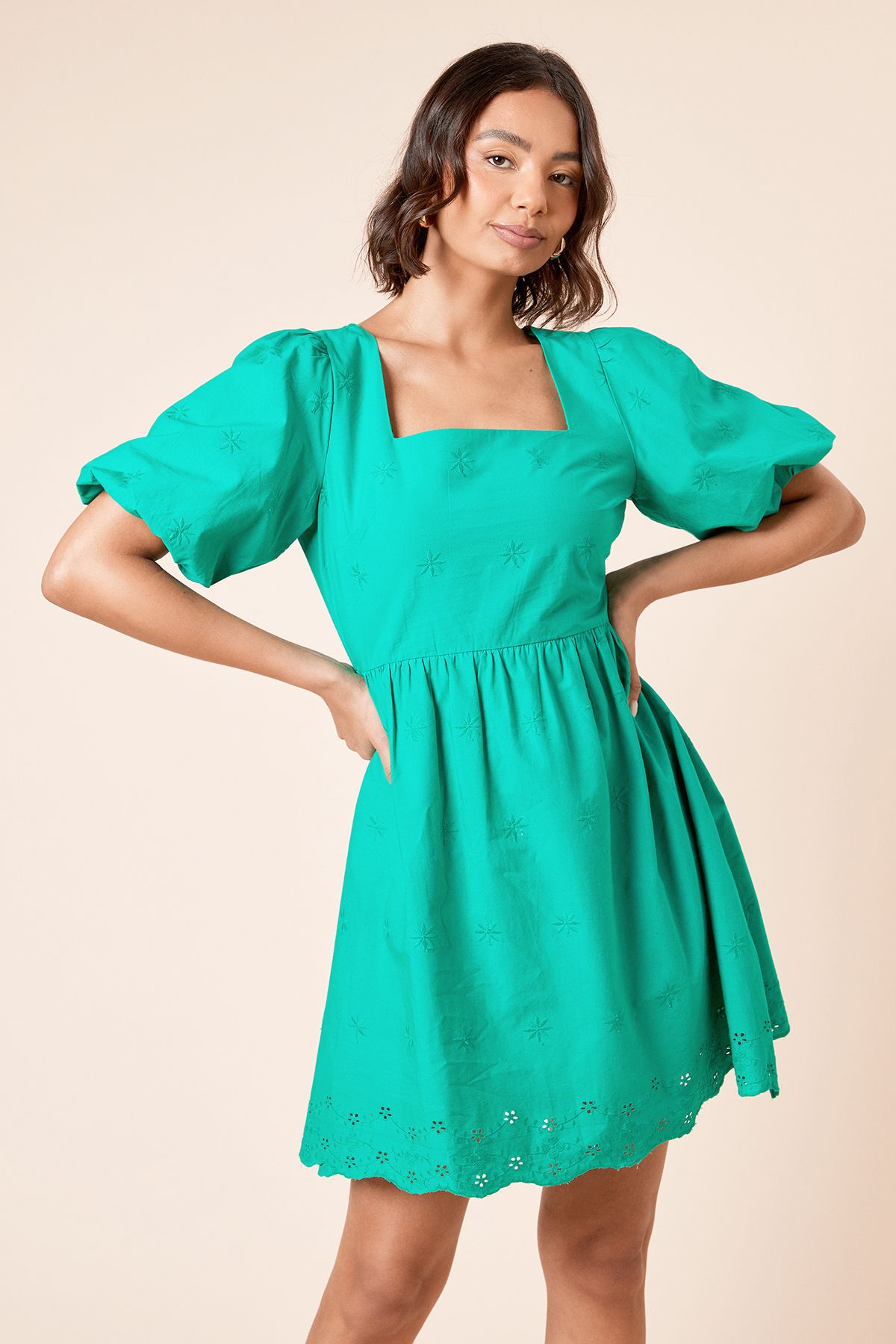 Dorothy Perkins Embroidered Square Neck Mini Dress Green image 1