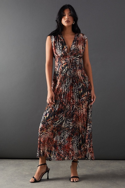 Warehouse Printed Chiffon Pleated Plunge Neck Lattice Front Midi Dress Chocolate