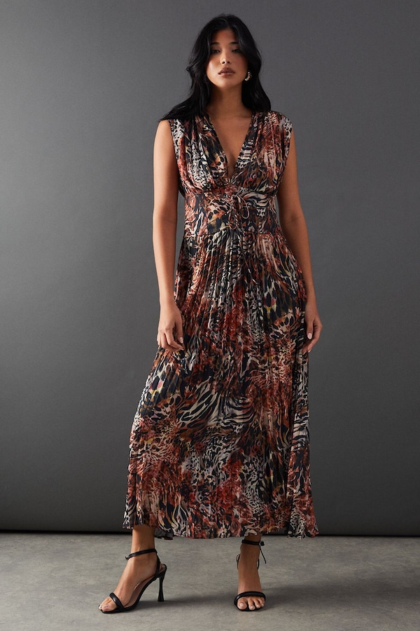 Warehouse Printed Chiffon Pleated Plunge Neck Lattice Front Midi Dress Chocolate