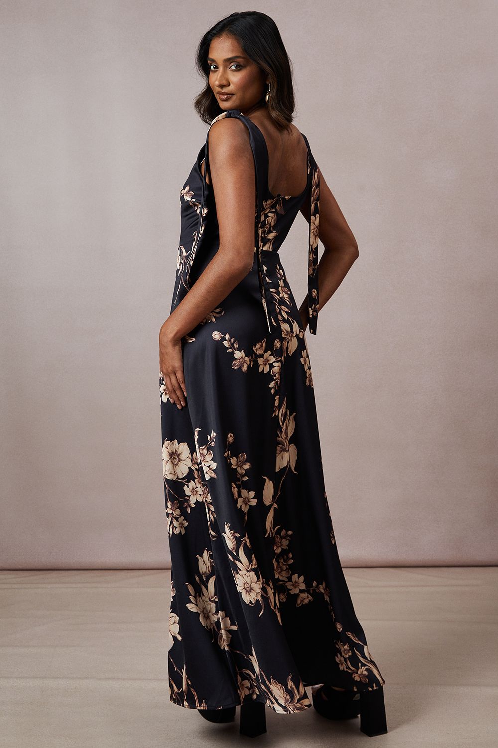 Oasis Floral Satin Tie Shoulder Maxi Dress Black image 3