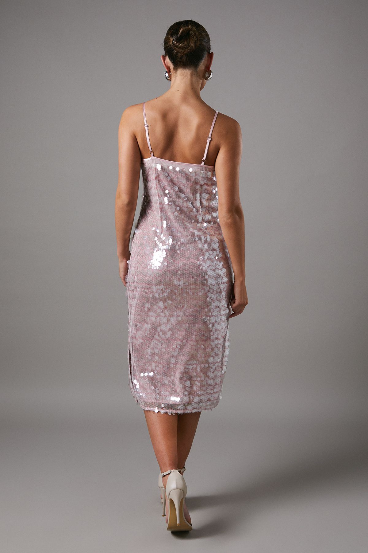 Coast Pink Disc Sequin Fitted Midi Dress Pink image 3