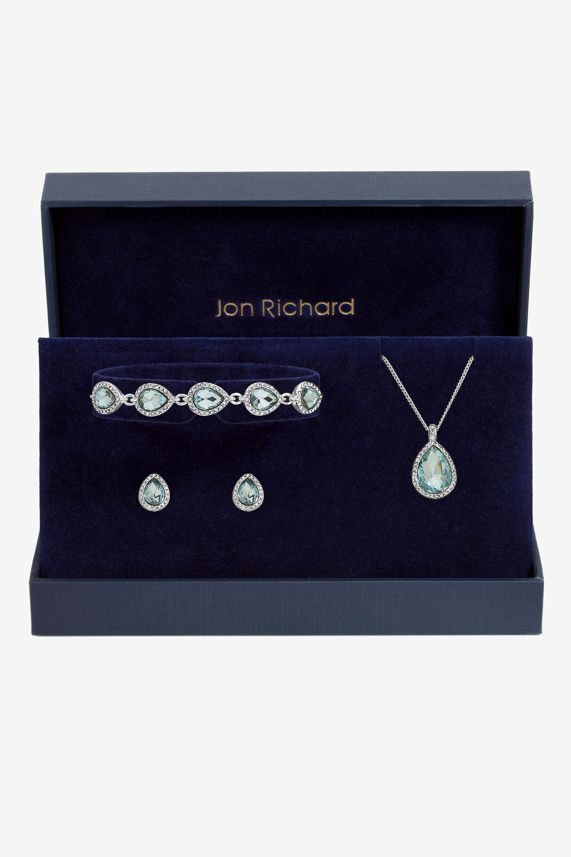 Jon Richard Silver Plated and Aqua Pear Drop Trio Set - Gift Box