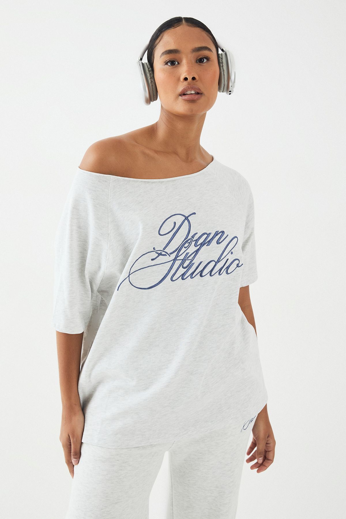 DSGN Studio DSGN Studio Script Embroidered Off The Shoulder T-Shirt Ash Grey image 1