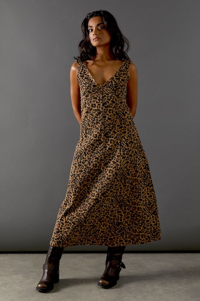 Warehouse Animal Denim Seam Detail Sleeveless Midi Dress Animal