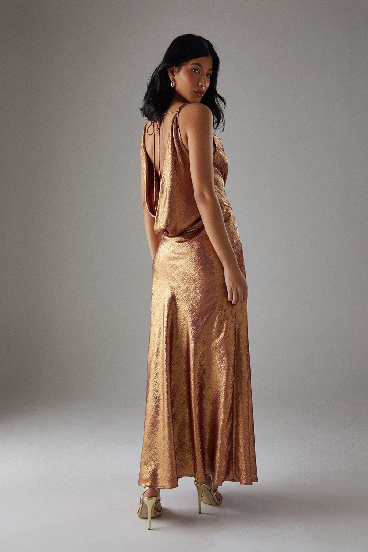 Warehouse Metallic Lame Cowl Neck Maxi Dress Magenta image 3