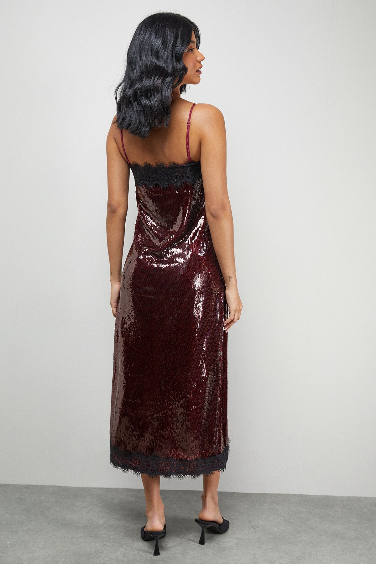 Warehouse Sequin Lace Trim Square Neck Midi Slip Dress Dark Red image 3