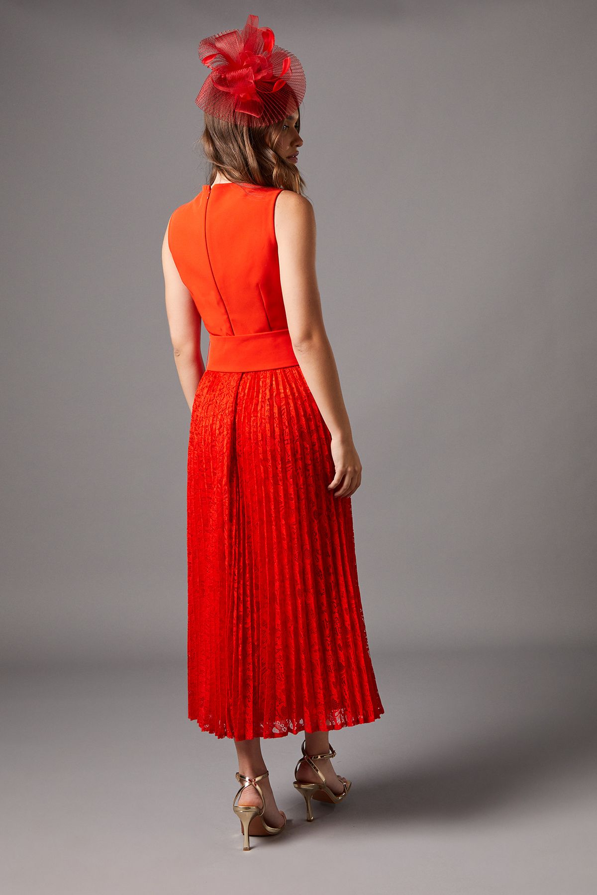 Coast Notch Neck Pleated Lace Skirt Midi Dress Red image 3