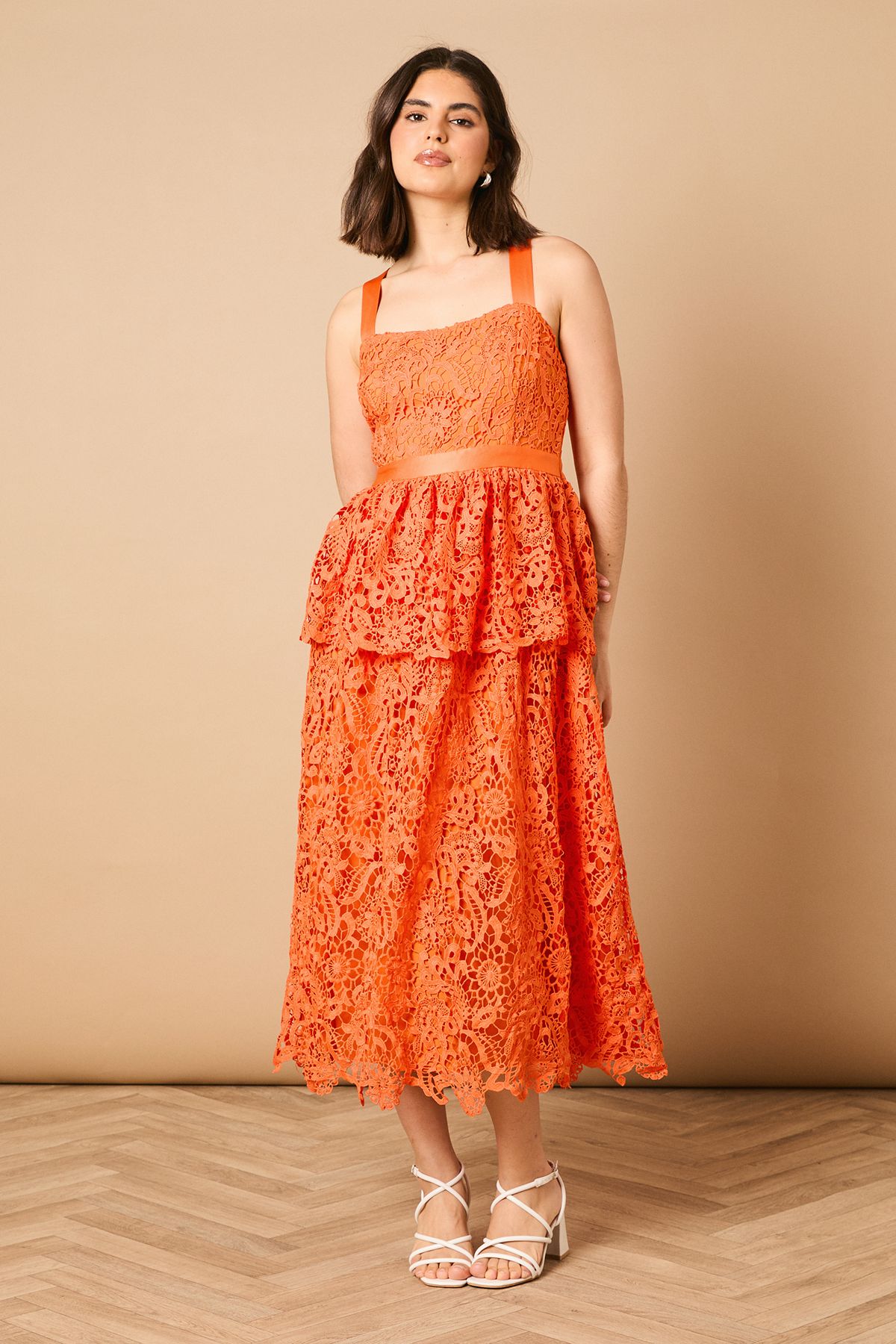 Oasis Cross Strap Tiered Lace Midi Dress Orange image 1