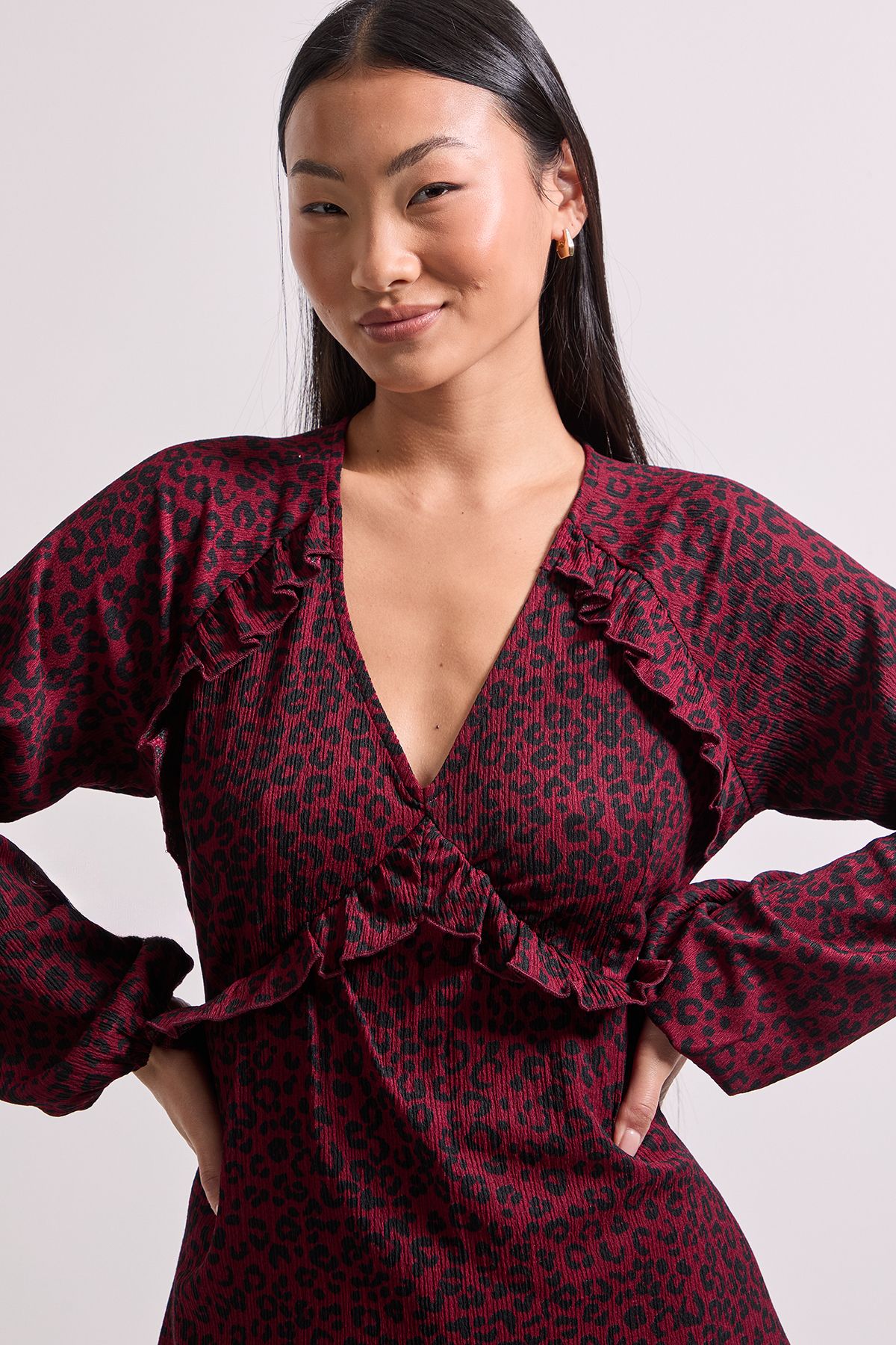 Dorothy Perkins Petite Berry Animal Empire Seam Frill Detail Printed Jersey Top Berry image 3