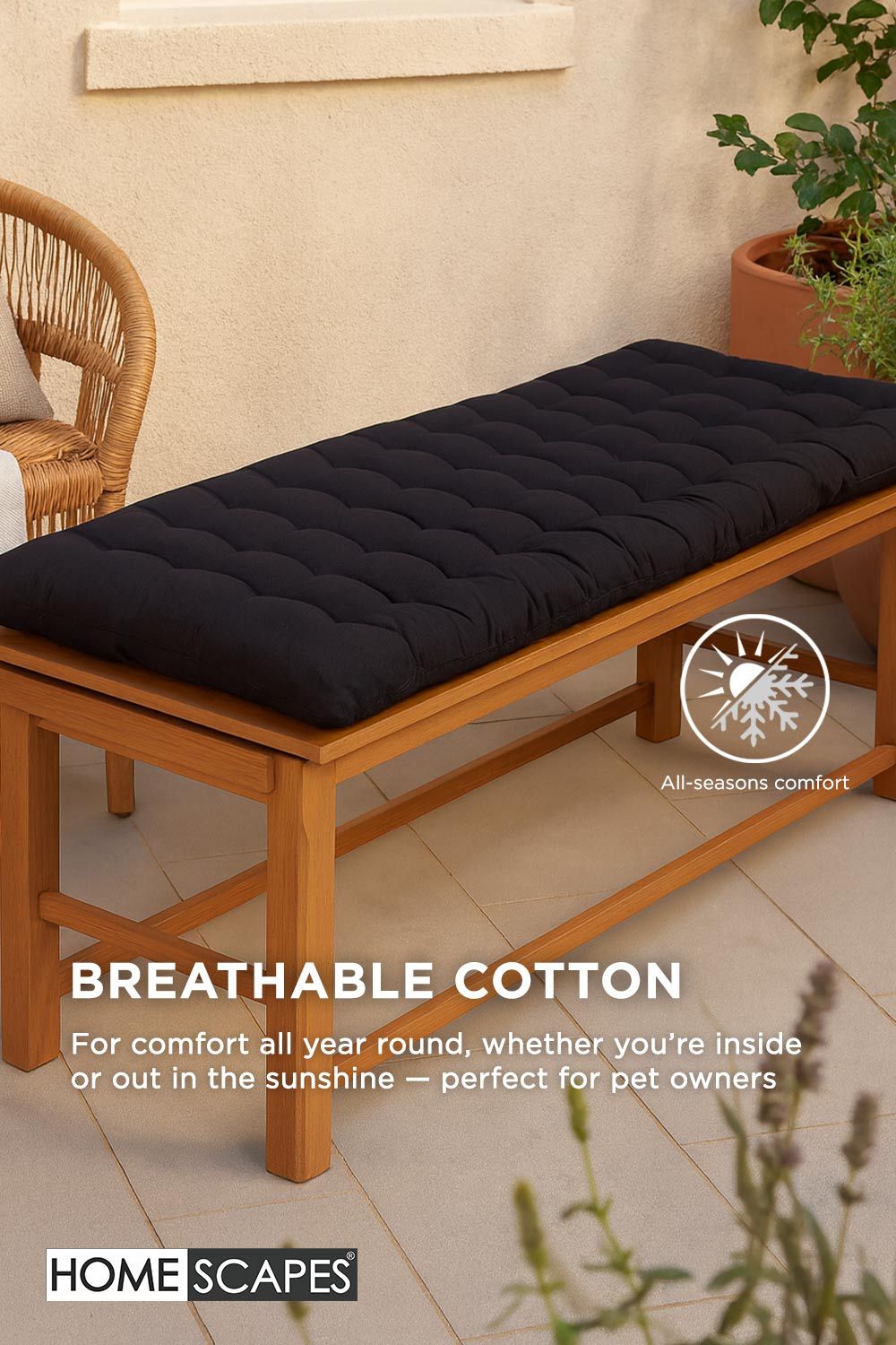 Homescapes Garden Bench Cushion Luxury 3 Seater Cotton Indoor Outdoor Pad, 143 x 48cm image 5
