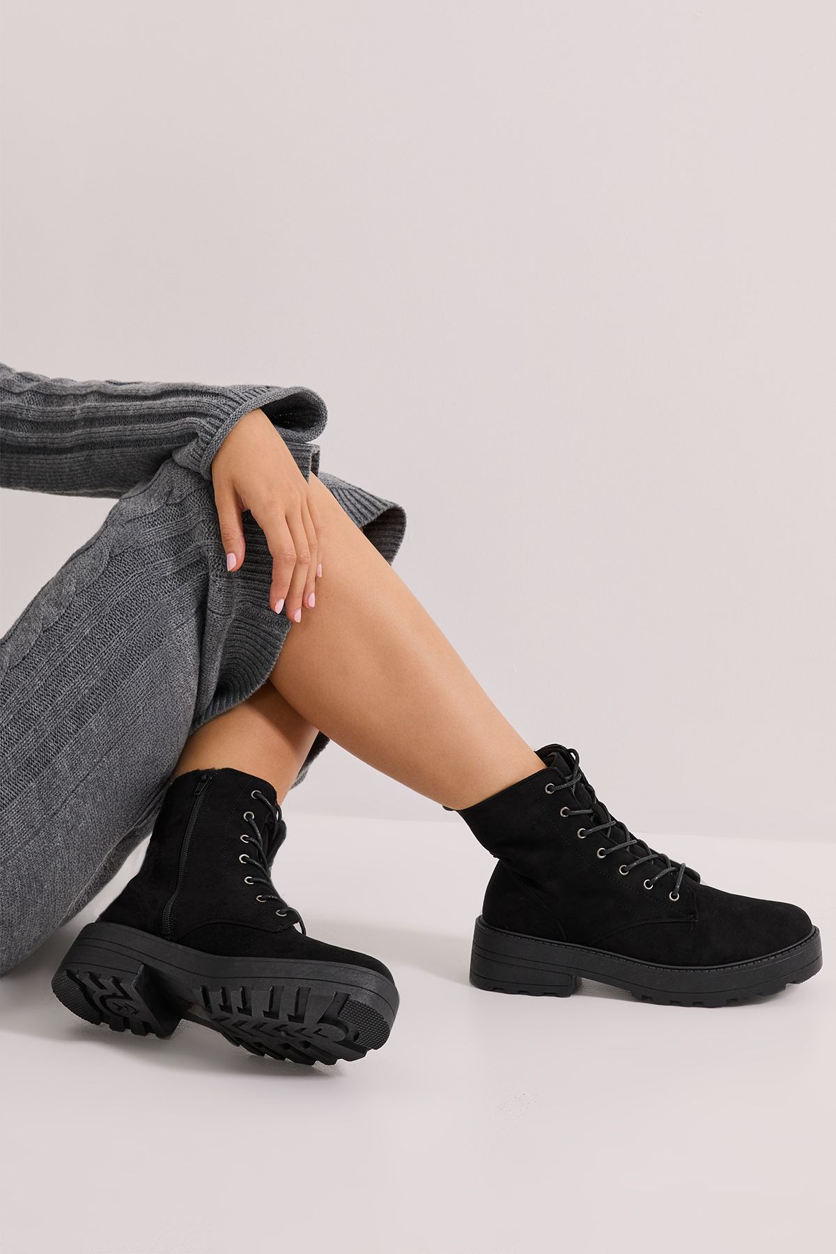 Dorothy Perkins Maryam Faux Leather Lace Up Chunky Ankle Boots Natural Black image 2