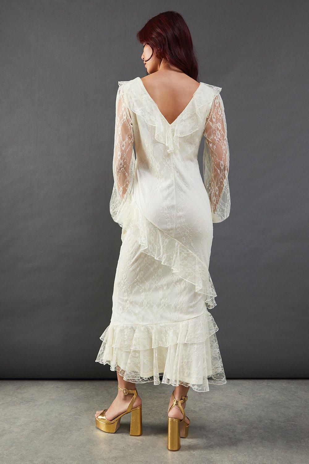 Warehouse Lace V Neck Ruffle Midi Dress Cream image 3