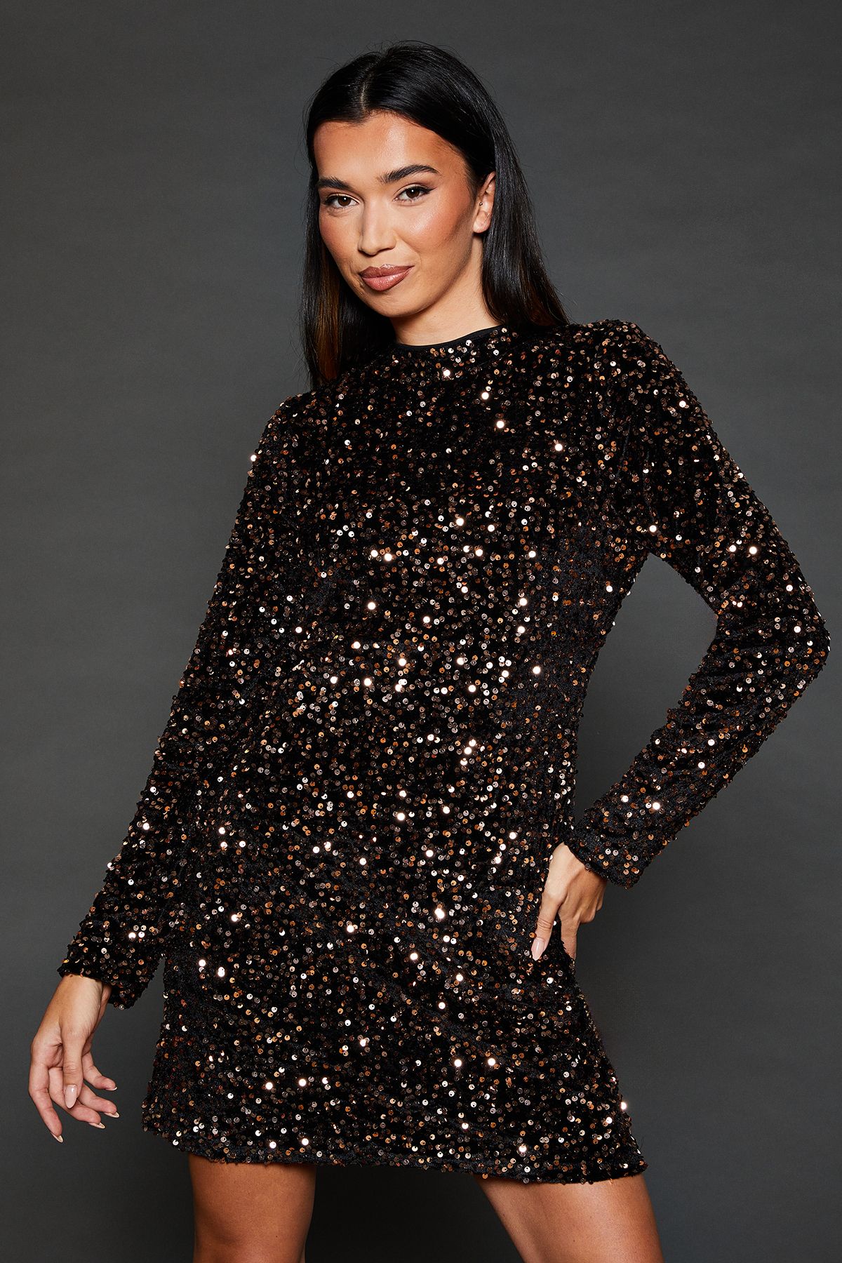 Dorothy Perkins Gold Velvet Sequin Mini Dress Gold image 4