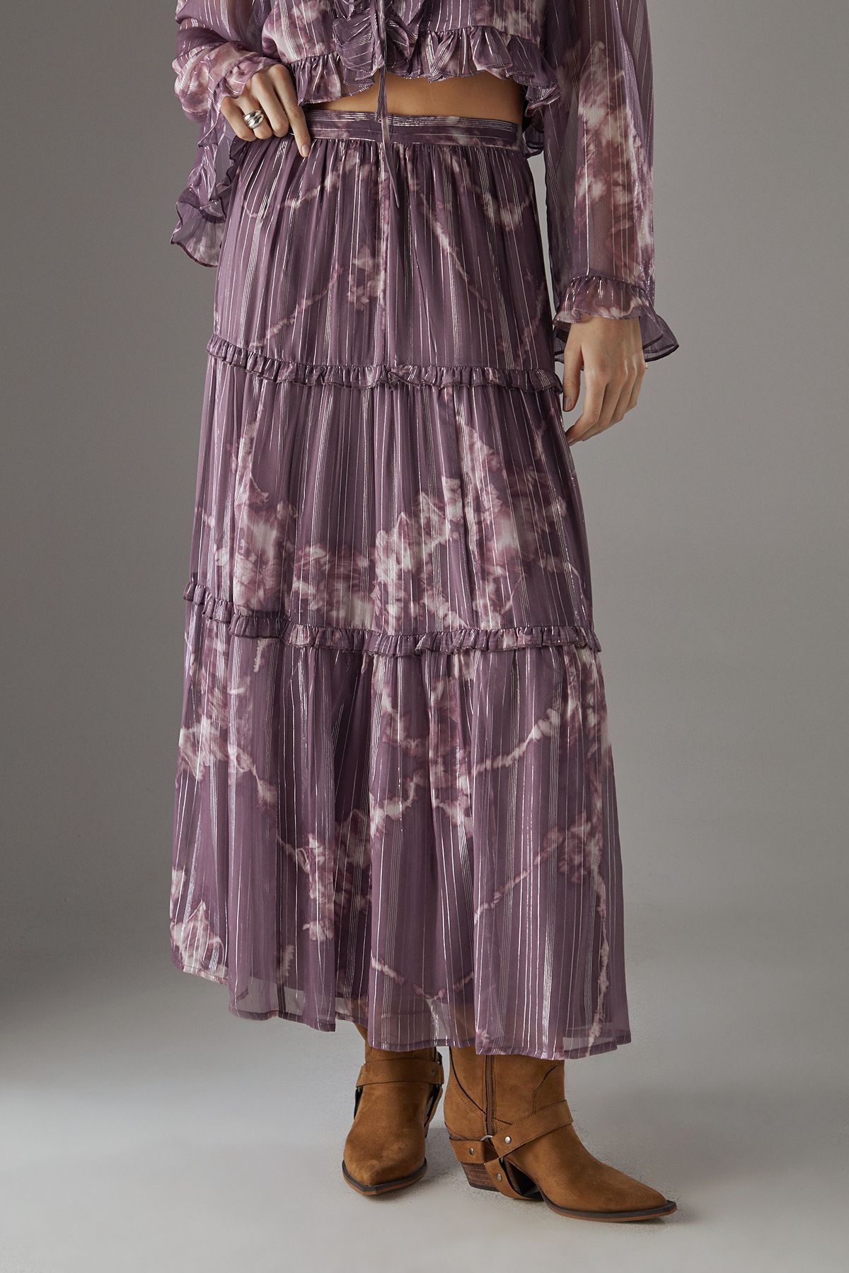 Warehouse Metallic Chiffon Tier Maxi Skirt Mauve image 2