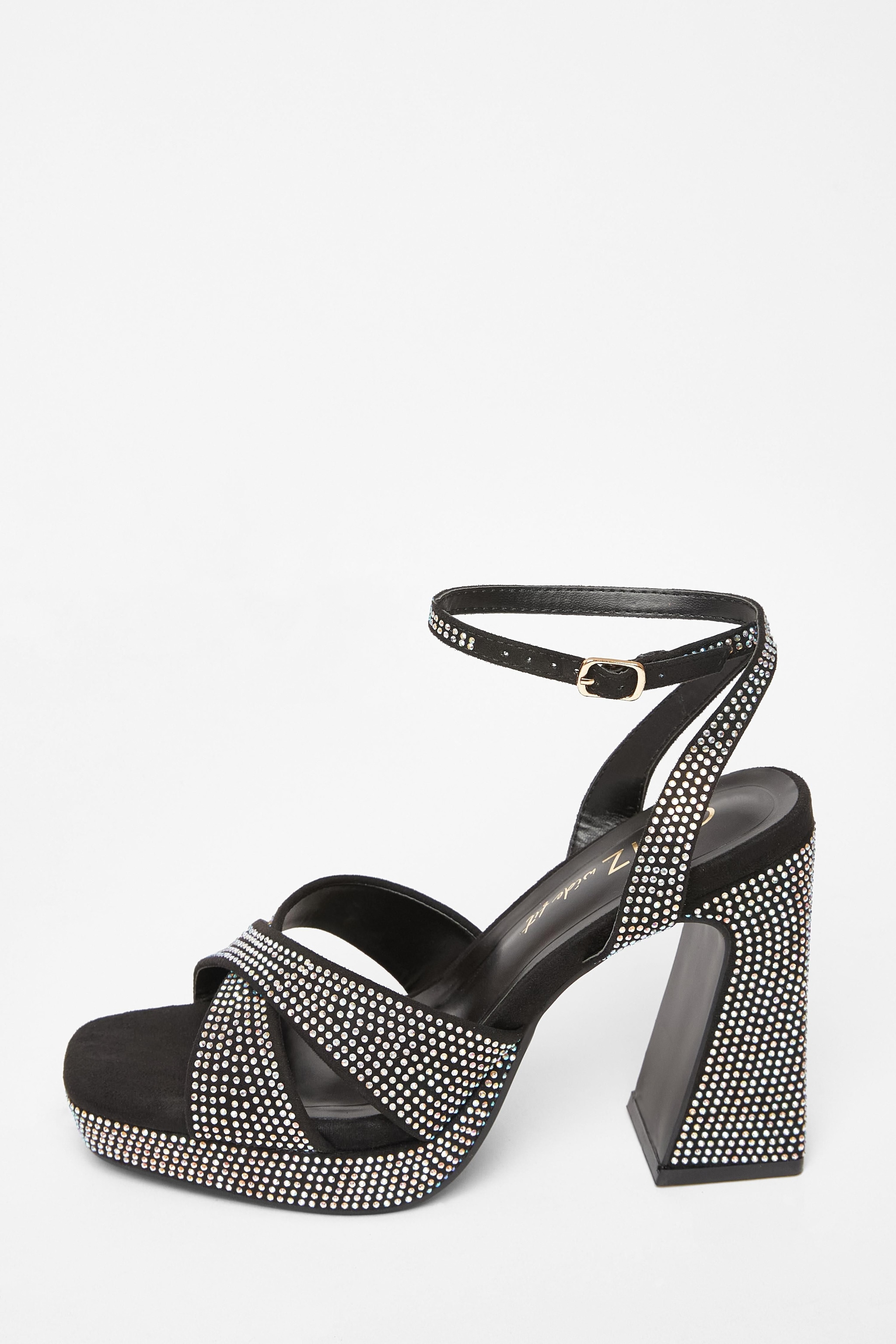 Quiz Black Wide Fit Diamante Platform Heels image 3