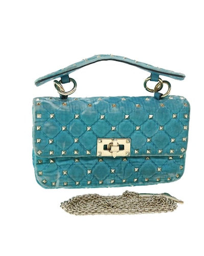 Valentino Preloved Rockstud Quilted Velvet Shoulder Bag Wo - Light Blue