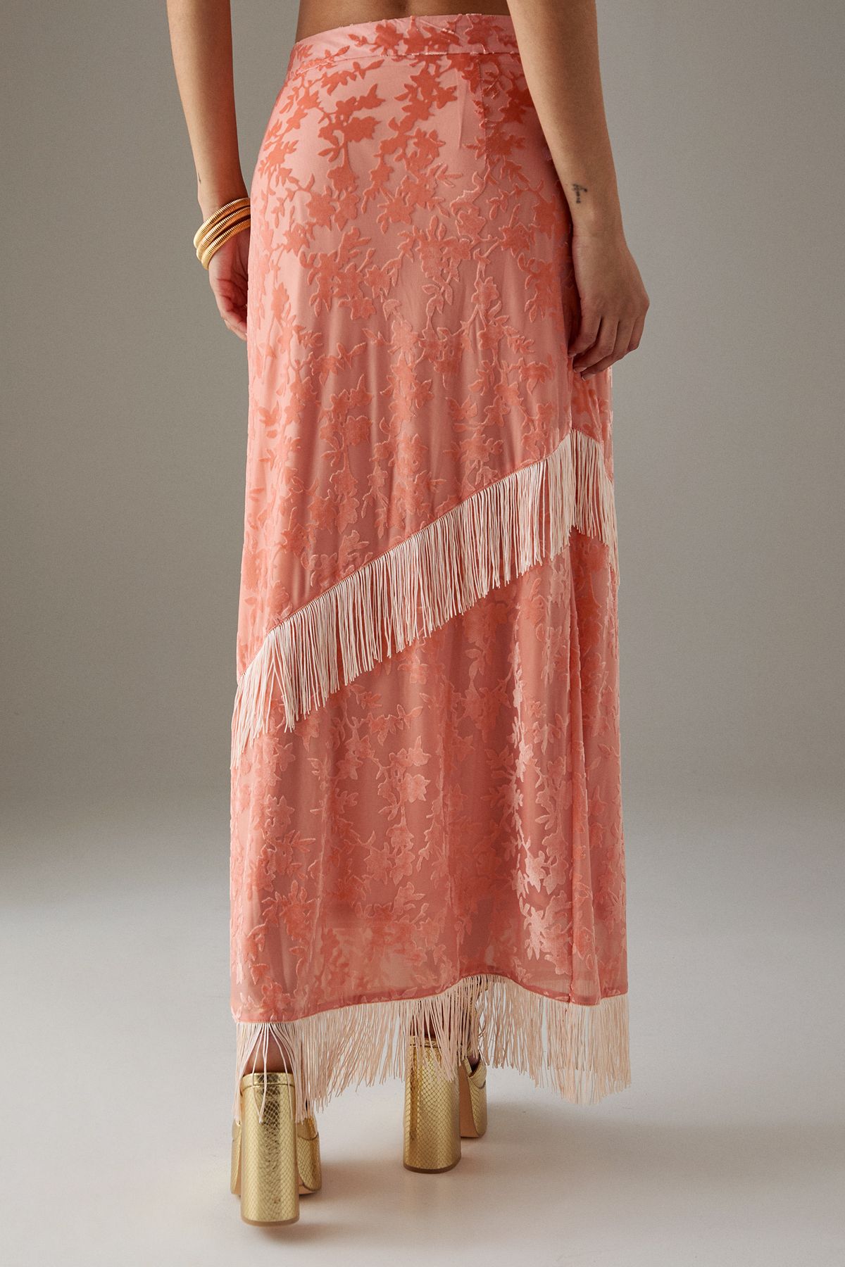 Warehouse Devore Fringe Detail Midi Skirt Pink image 3