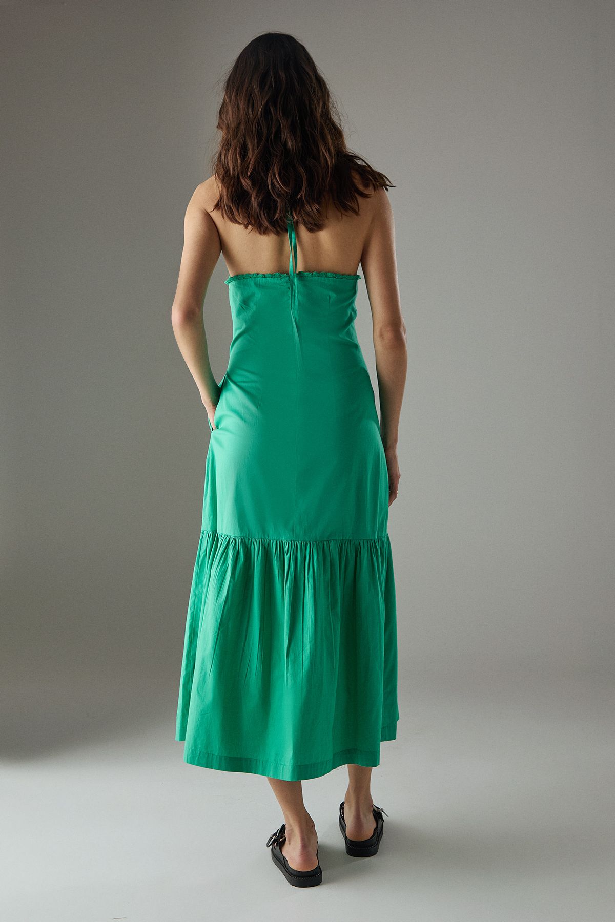 Warehouse Poplin Crochet Trim Drop Waist Midi Sundress Green image 4