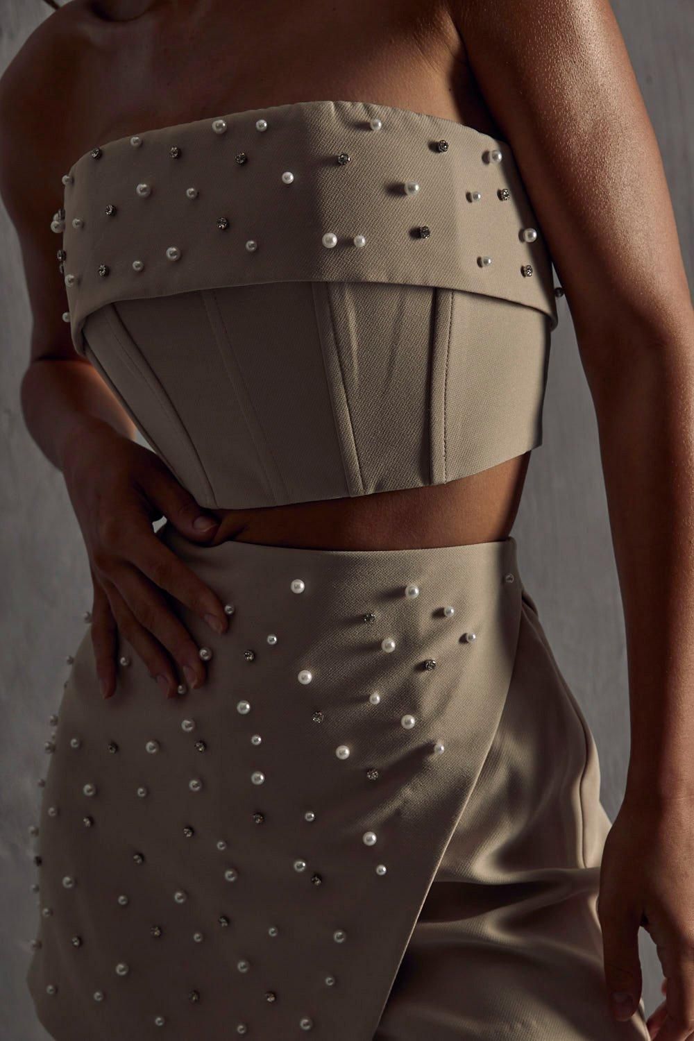 MissPap Pearl Embellished Corset Top Stone image 2
