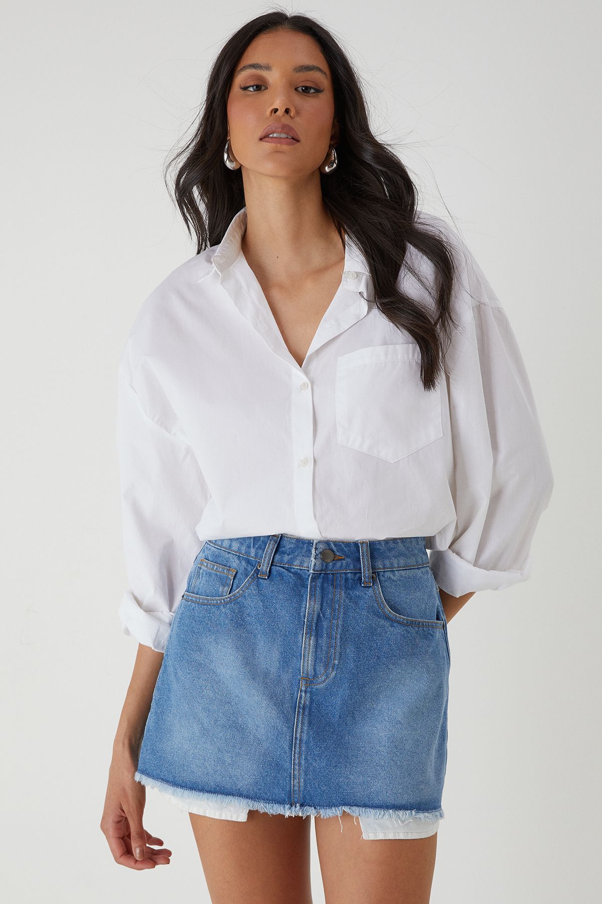 MissPap Denim Mini Skirt With Exposed Pocket Lining Mid Wash image 2