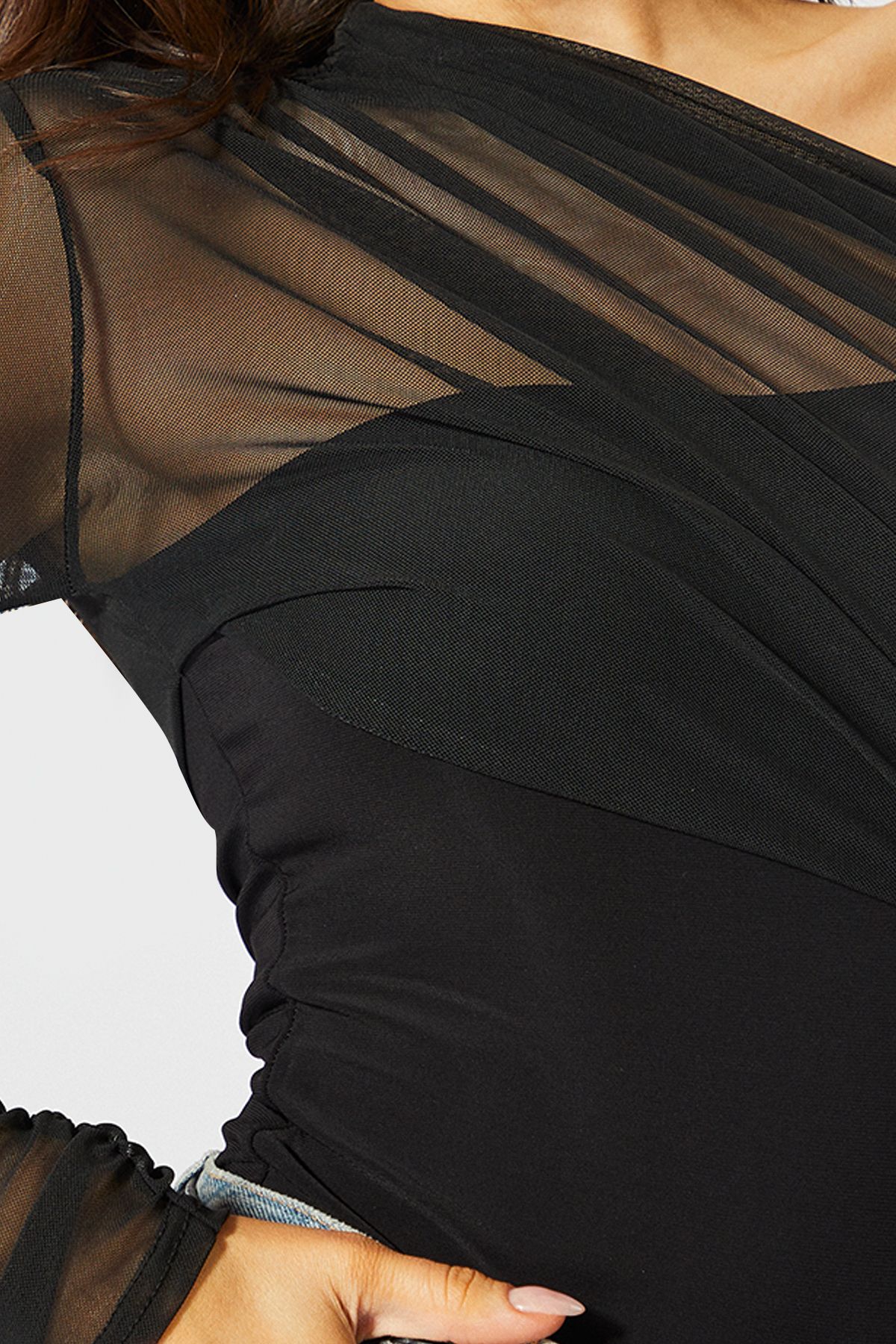 MissPap Mesh One Shoulder Bodysuit Black image 2