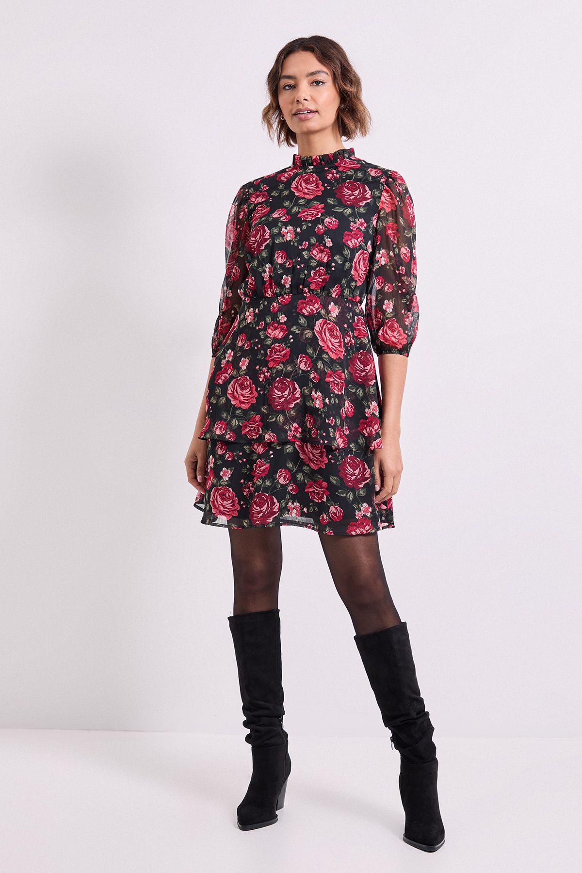 Dorothy Perkins Floral Frill Neck Tiered Skirt Printed Mini Dress Floral