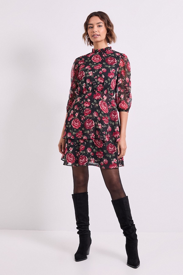 Dorothy Perkins Floral Frill Neck Tiered Skirt Printed Mini Dress Floral