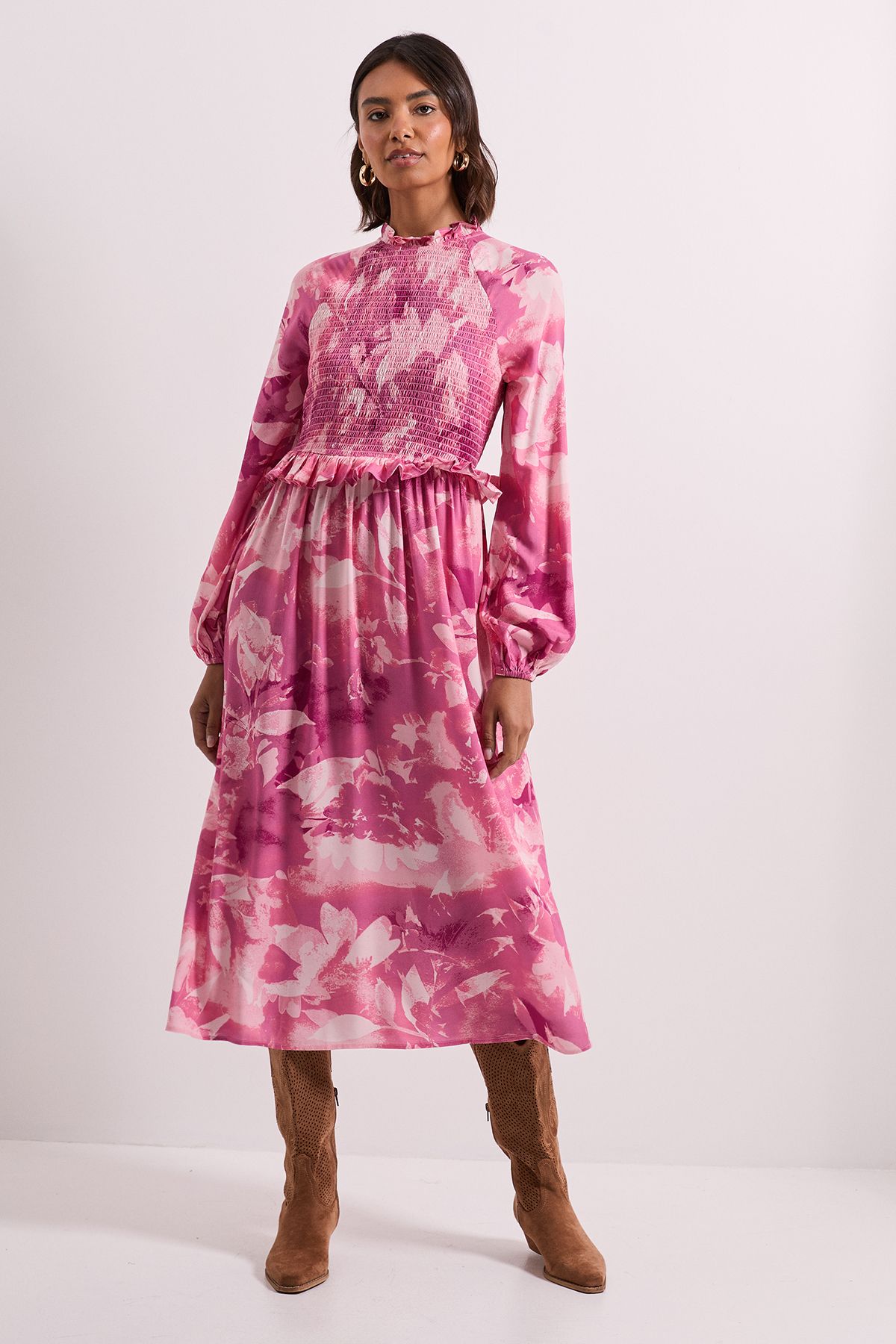 Dorothy Perkins Pink Floral Shirred Bodice Frill Detail Midi Dress Pink image 1